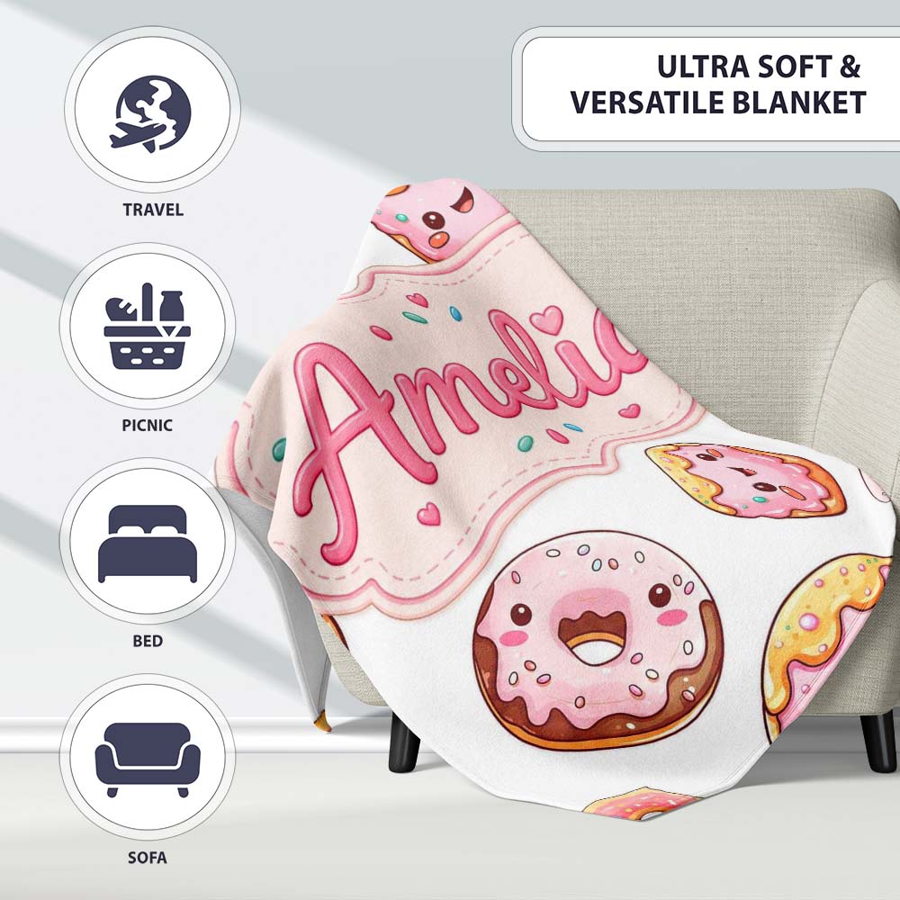 Cute Kawaii Donuts with Pink Icing Grey Background Seamless Pattern  Personalised Custom Name Super Soft Fleece Blanket Bed Sofa Throw