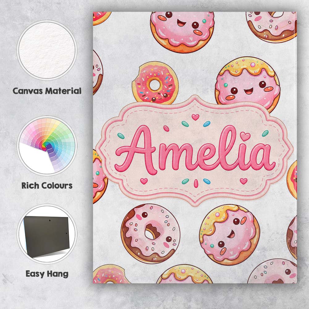 Personalised Name Cute Kawaii Donuts with Custom  Unique Gift Idea Elegant Feature Canvas Wall Art Print Decor Picture Ready to Hang