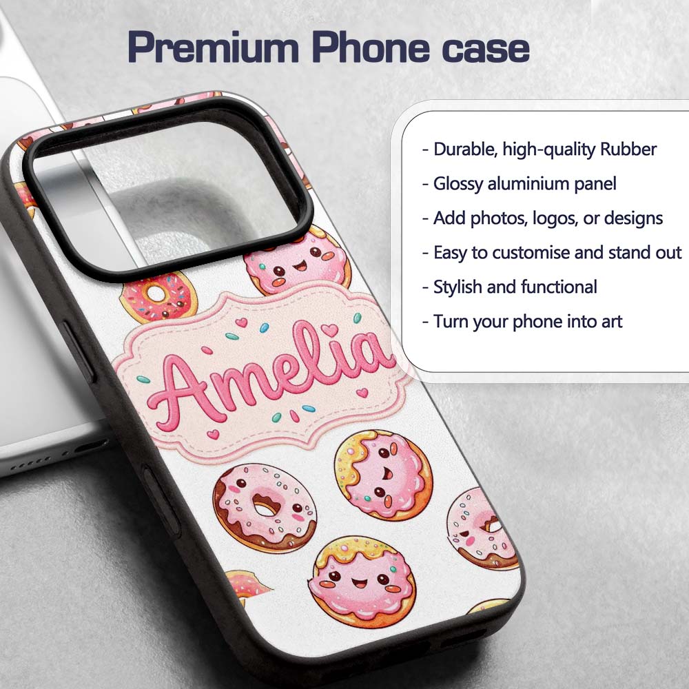 Cute Kawaii Donuts with Pink Icing Printed Design Custom Name Protective Phone Case Mobile Cover Durable Everyday Smartphone Shock Resistant
