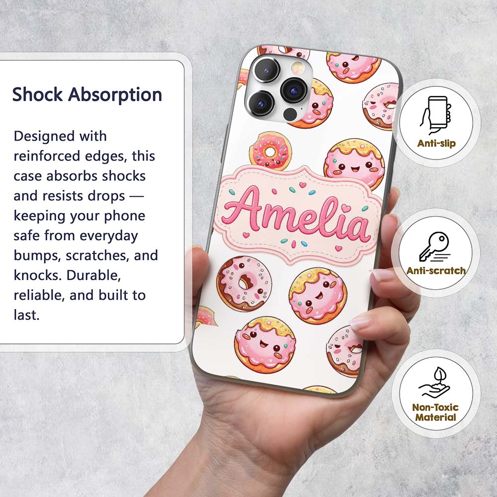 Cute Kawaii Donuts with Pink Icing Printed Design Custom Name Protective Phone Case Mobile Cover Durable Everyday Smartphone Shock Resistant