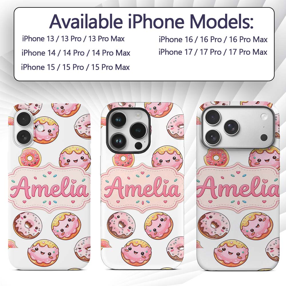 Cute Kawaii Donuts with Pink Icing Printed Design Custom Name Protective Phone Case Mobile Cover Durable Everyday Smartphone Shock Resistant