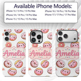Cute Kawaii Donuts with Pink Icing Printed Design Custom Name Protective Phone Case Mobile Cover Durable Everyday Smartphone Shock Resistant