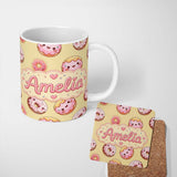 Personalized Custom Name Cute Kawaii Donuts with Pink Icing Yellow Background Seamless 11oz Ceramic Coffee Tea Mug White Large Handle