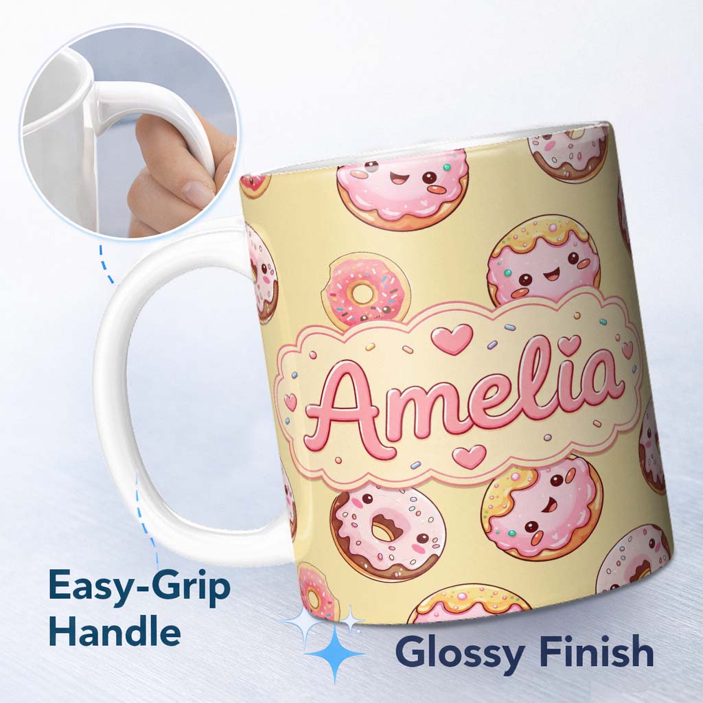 Personalized Custom Name Cute Kawaii Donuts with Pink Icing Yellow Background Seamless 11oz Ceramic Coffee Tea Mug White Large Handle