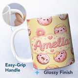 Personalized Custom Name Cute Kawaii Donuts with Pink Icing Yellow Background Seamless 11oz Ceramic Coffee Tea Mug White Large Handle