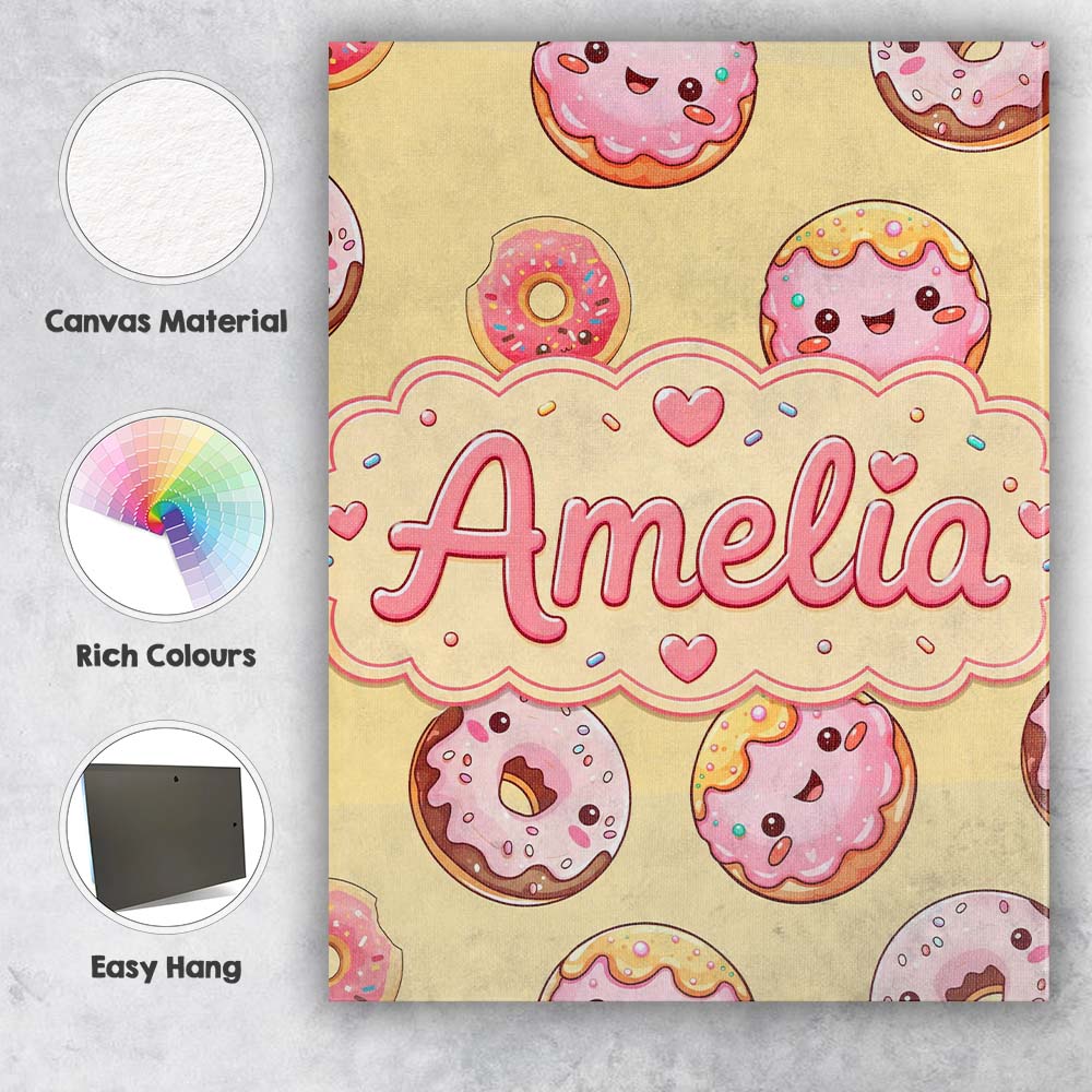 Personalised Name Cute Kawaii Donuts with Custom  Unique Gift Idea Elegant Feature Canvas Wall Art Print Decor Picture Ready to Hang