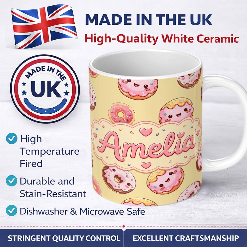 Personalized Custom Name Cute Kawaii Donuts with Pink Icing Yellow Background Seamless 11oz Ceramic Coffee Tea Mug White Large Handle