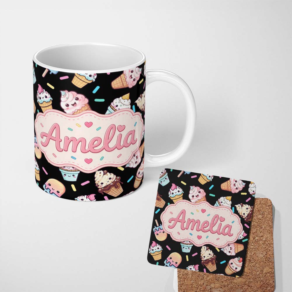 Personalized Custom Name Cute Kawaii Ice Cream Desserts on Black Background Seamless Pattern 11oz Ceramic Coffee Tea Mug White Large Handle