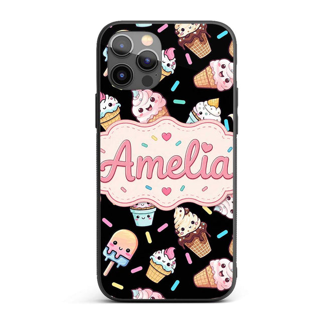 Cute Kawaii Ice Cream Desserts on Printed Design Custom Name Protective Phone Case Mobile Cover Durable Everyday Smartphone Shock Resistant