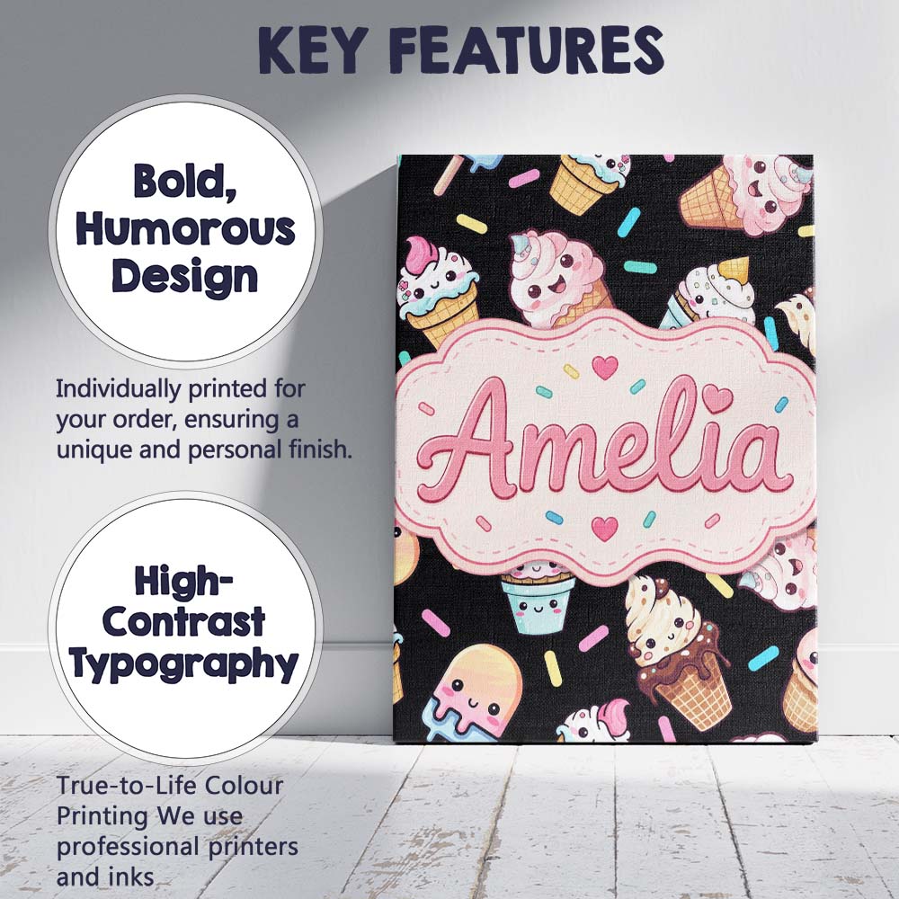 Personalised Name Cute Kawaii Ice Cream Custom  Modern Room Accent Elegant Feature Canvas Wall Art Print Decor Picture Ready to Hang