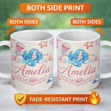 Personalized Custom Name Cute Cartoon Mermaid and Sea Creatures Seamless Pattern Lovely 11oz Ceramic Coffee Tea Mug White Large Handle