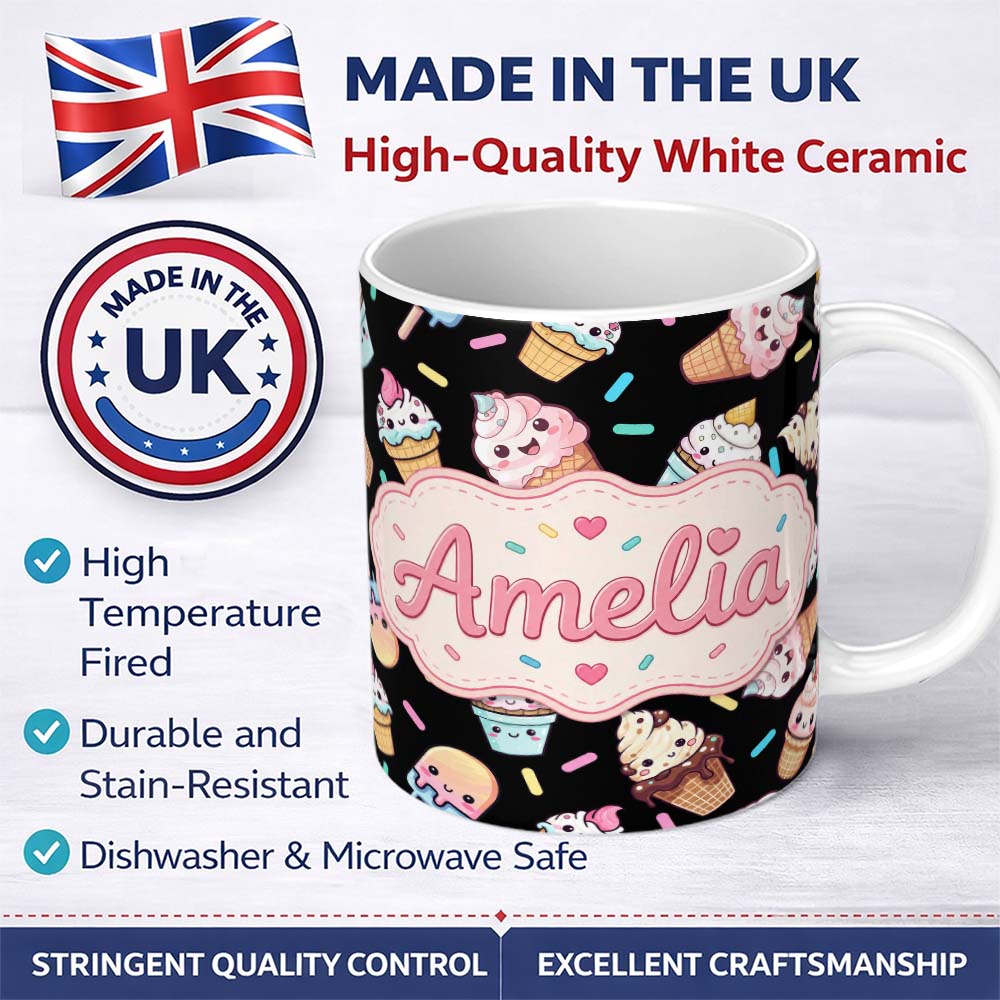 Personalized Custom Name Cute Kawaii Ice Cream Desserts on Black Background Seamless Pattern 11oz Ceramic Coffee Tea Mug White Large Handle