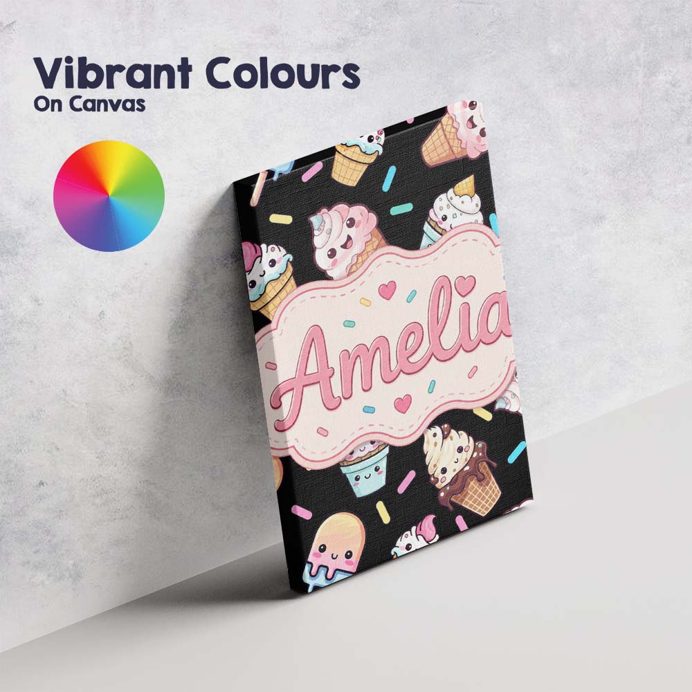Personalised Name Cute Kawaii Ice Cream Custom  Modern Room Accent Elegant Feature Canvas Wall Art Print Decor Picture Ready to Hang