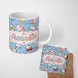 Personalized Custom Name Cute Kawaii Ice Cream Desserts on Blue Background Seamless Pattern 11oz Ceramic Coffee Tea Mug White Large Handle