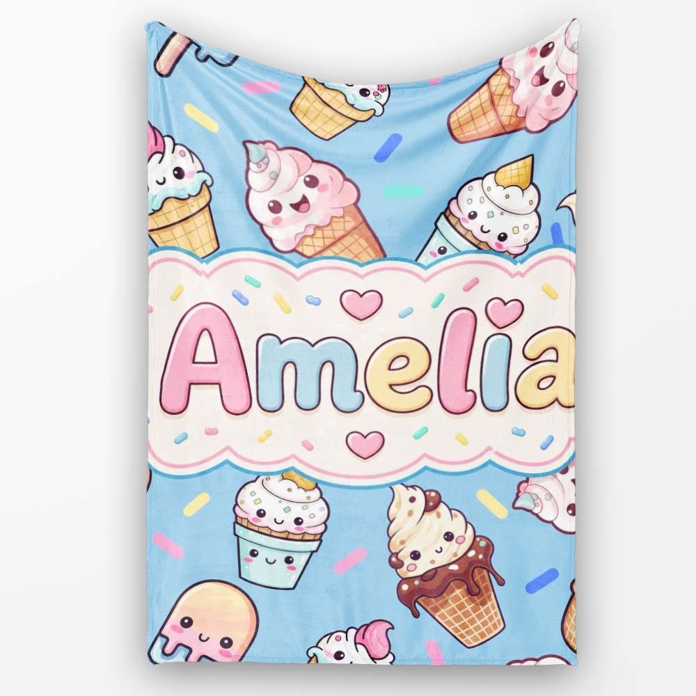 Cute Kawaii Ice Cream Desserts on Blue Background Seamless Pattern  Personalised Custom Name Super Soft Fleece Blanket Bed Sofa Throw