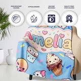 Cute Kawaii Ice Cream Desserts on Blue Background Seamless Pattern  Personalised Custom Name Super Soft Fleece Blanket Bed Sofa Throw