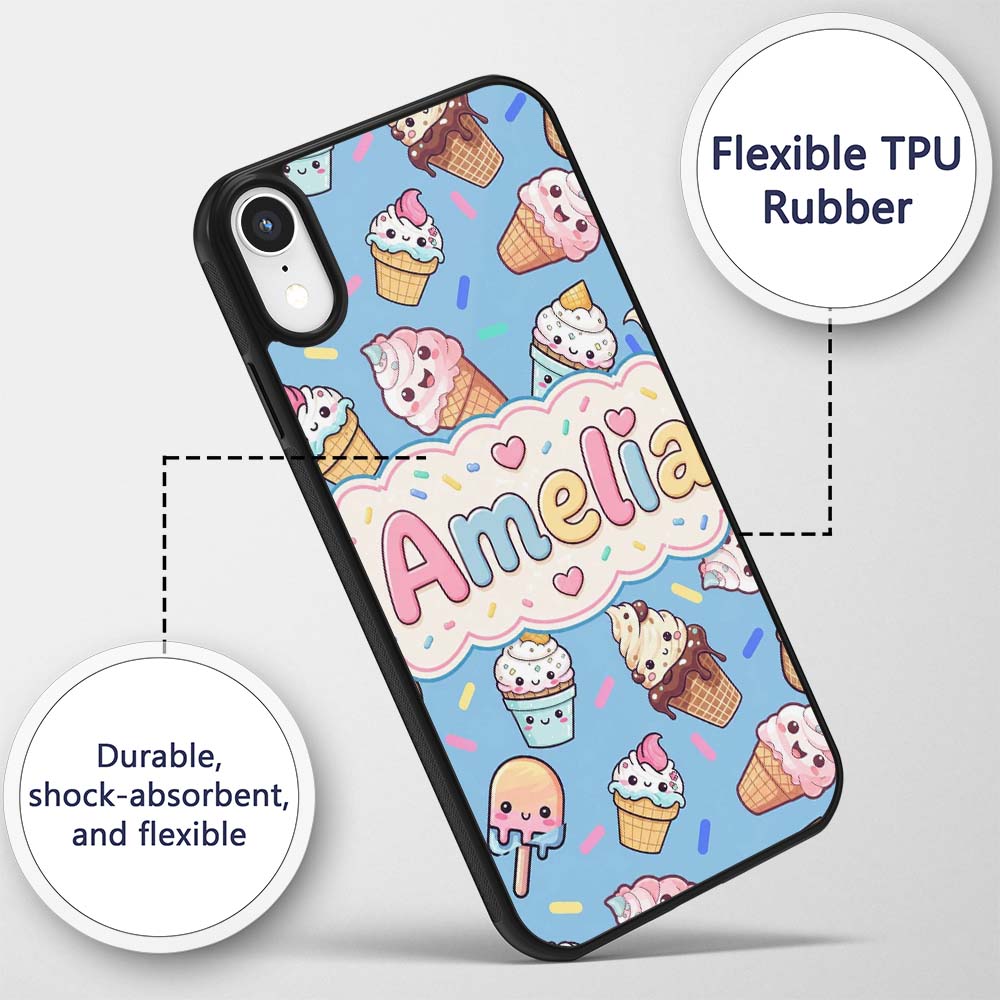Cute Kawaii Ice Cream Desserts on Blue Background Custom Name Protective Phone Case Mobile Cover Durable Everyday Smartphone Shock Resistant