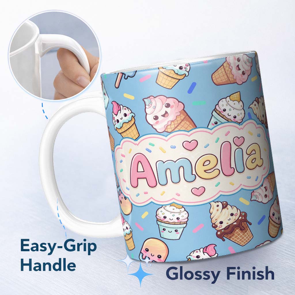 Personalized Custom Name Cute Kawaii Ice Cream Desserts on Blue Background Seamless Pattern 11oz Ceramic Coffee Tea Mug White Large Handle