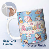 Personalized Custom Name Cute Kawaii Ice Cream Desserts on Blue Background Seamless Pattern 11oz Ceramic Coffee Tea Mug White Large Handle