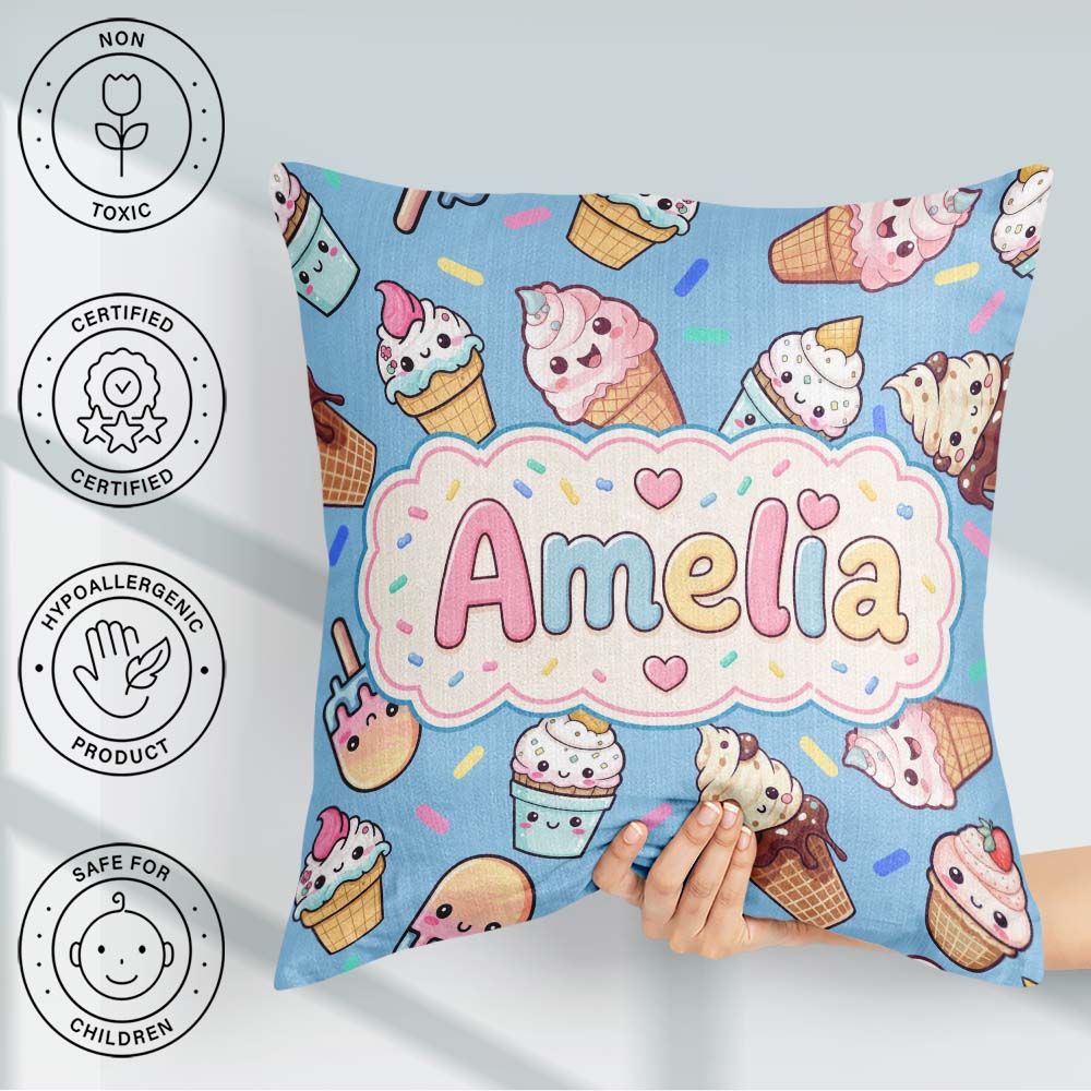 Custom Name Kawaii Ice Cream Desserts on Blue Background Pattern Square Filled Cushion Throw Pillow Sofa Bed Home Decor Zip Washable UK Made