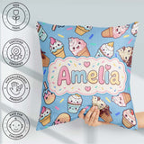 Custom Name Kawaii Ice Cream Desserts on Blue Background Pattern Square Filled Cushion Throw Pillow Sofa Bed Home Decor Zip Washable UK Made