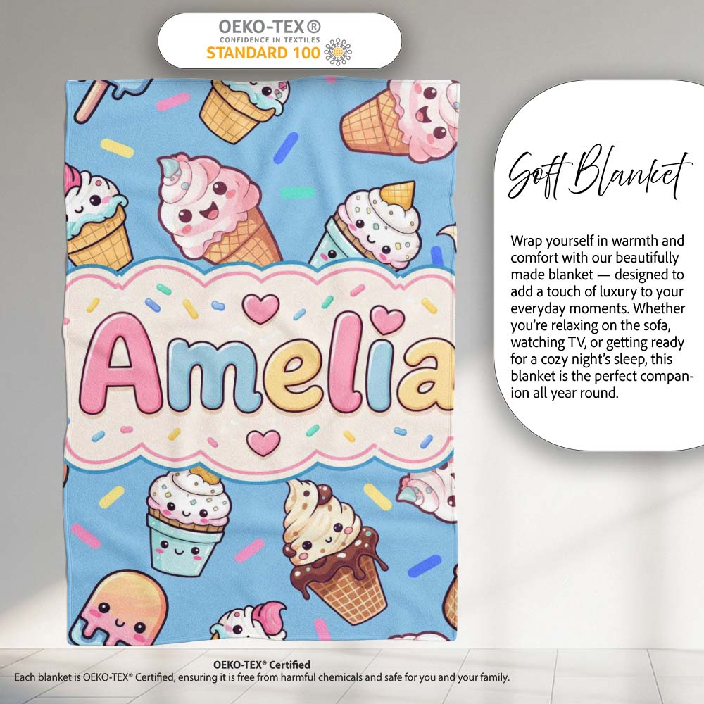 Cute Kawaii Ice Cream Desserts on Blue Background Seamless Pattern  Personalised Custom Name Super Soft Fleece Blanket Bed Sofa Throw