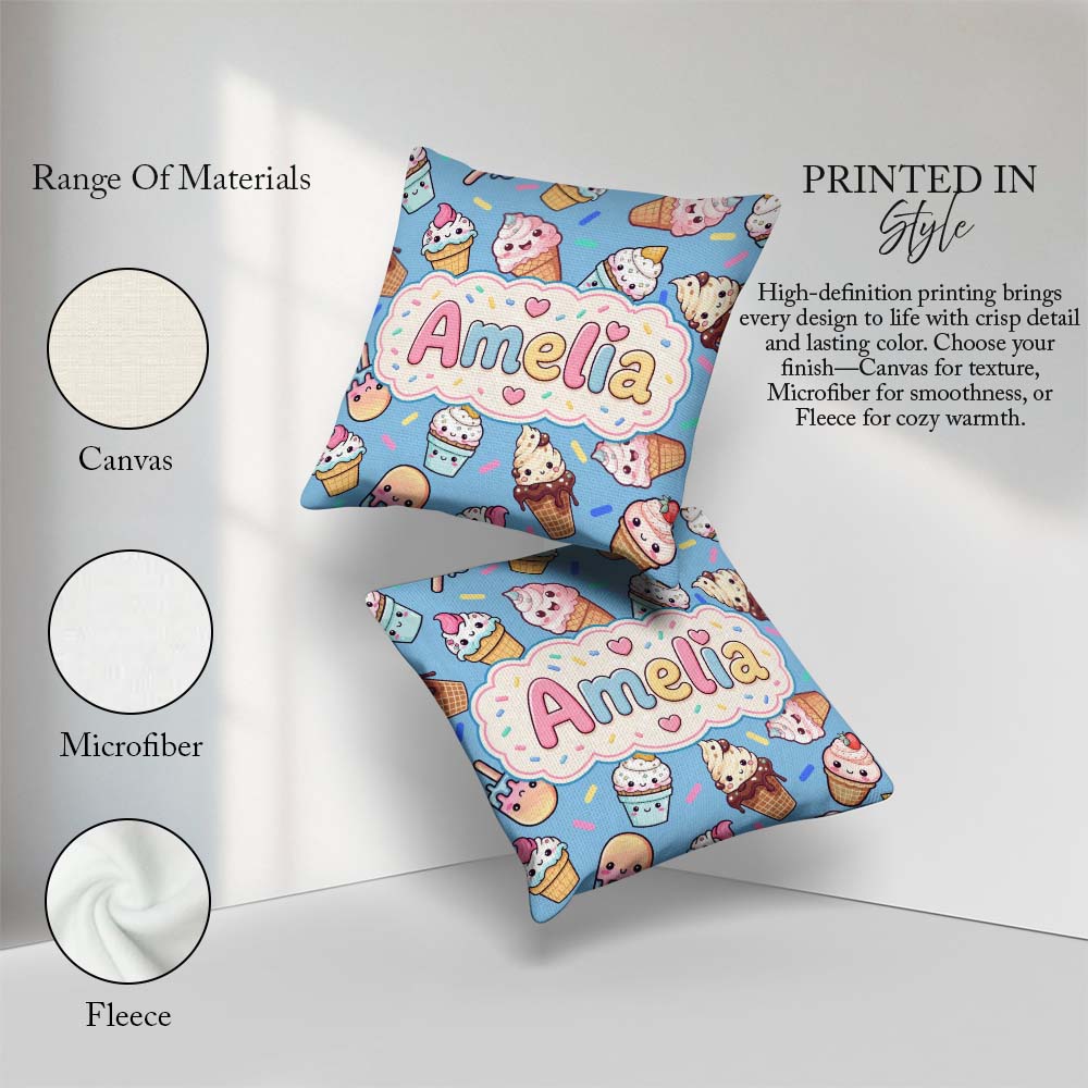 Custom Name Kawaii Ice Cream Desserts on Blue Background Pattern Square Filled Cushion Throw Pillow Sofa Bed Home Decor Zip Washable UK Made