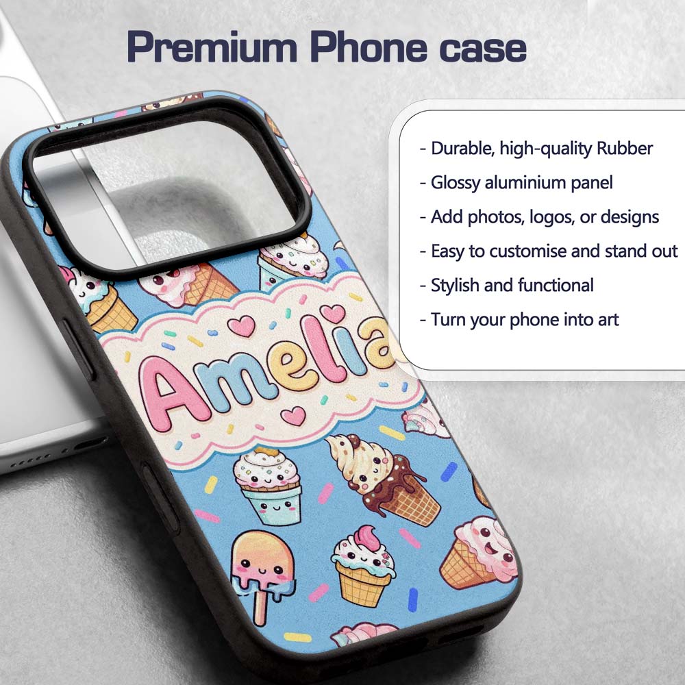 Cute Kawaii Ice Cream Desserts on Blue Background Custom Name Protective Phone Case Mobile Cover Durable Everyday Smartphone Shock Resistant