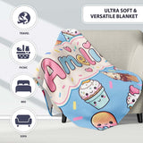 Cute Kawaii Ice Cream Desserts on Blue Background Seamless Pattern  Personalised Custom Name Super Soft Fleece Blanket Bed Sofa Throw