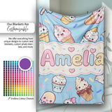 Cute Kawaii Ice Cream Desserts on Blue Background Seamless Pattern  Personalised Custom Name Super Soft Fleece Blanket Bed Sofa Throw