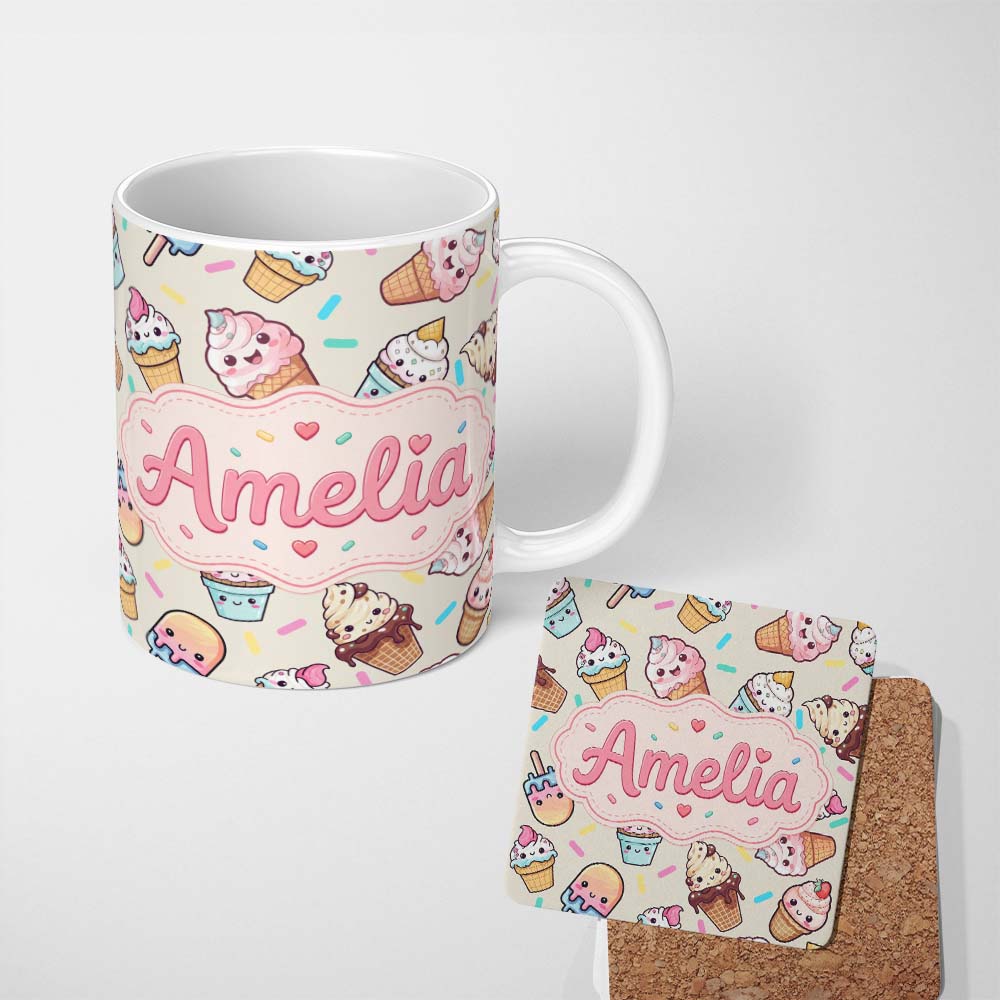 Personalized Custom Name Cute Kawaii Ice Cream Desserts on Background Seamless Pattern Name 11oz Ceramic Coffee Tea Mug White Large Handle