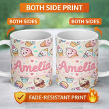 Personalized Custom Name Cute Kawaii Ice Cream Desserts on Background Seamless Pattern Name 11oz Ceramic Coffee Tea Mug White Large Handle