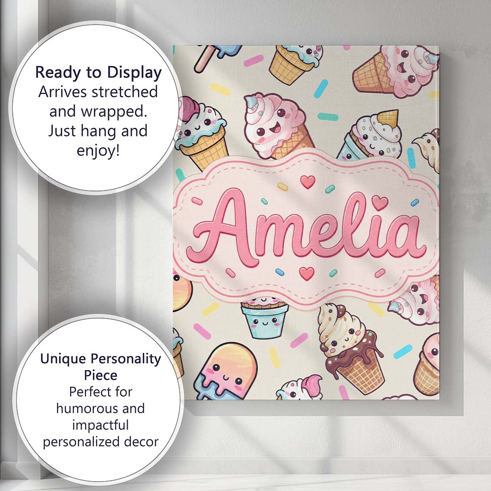 Personalised Name Cute Kawaii Ice Cream Custom  Modern Room Accent Elegant Feature Canvas Wall Art Print Decor Picture Ready to Hang