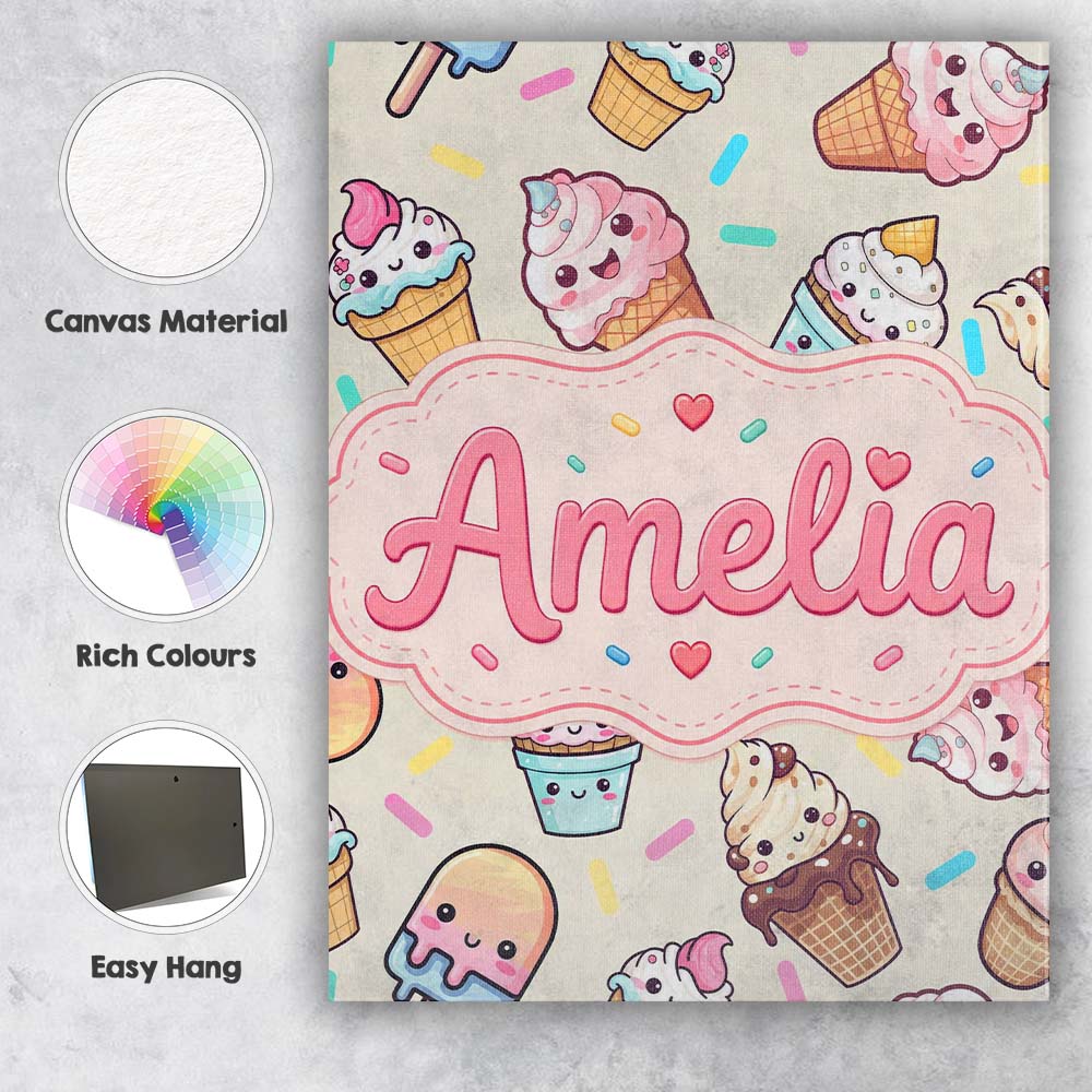Personalised Name Cute Kawaii Ice Cream Custom  Modern Room Accent Elegant Feature Canvas Wall Art Print Decor Picture Ready to Hang