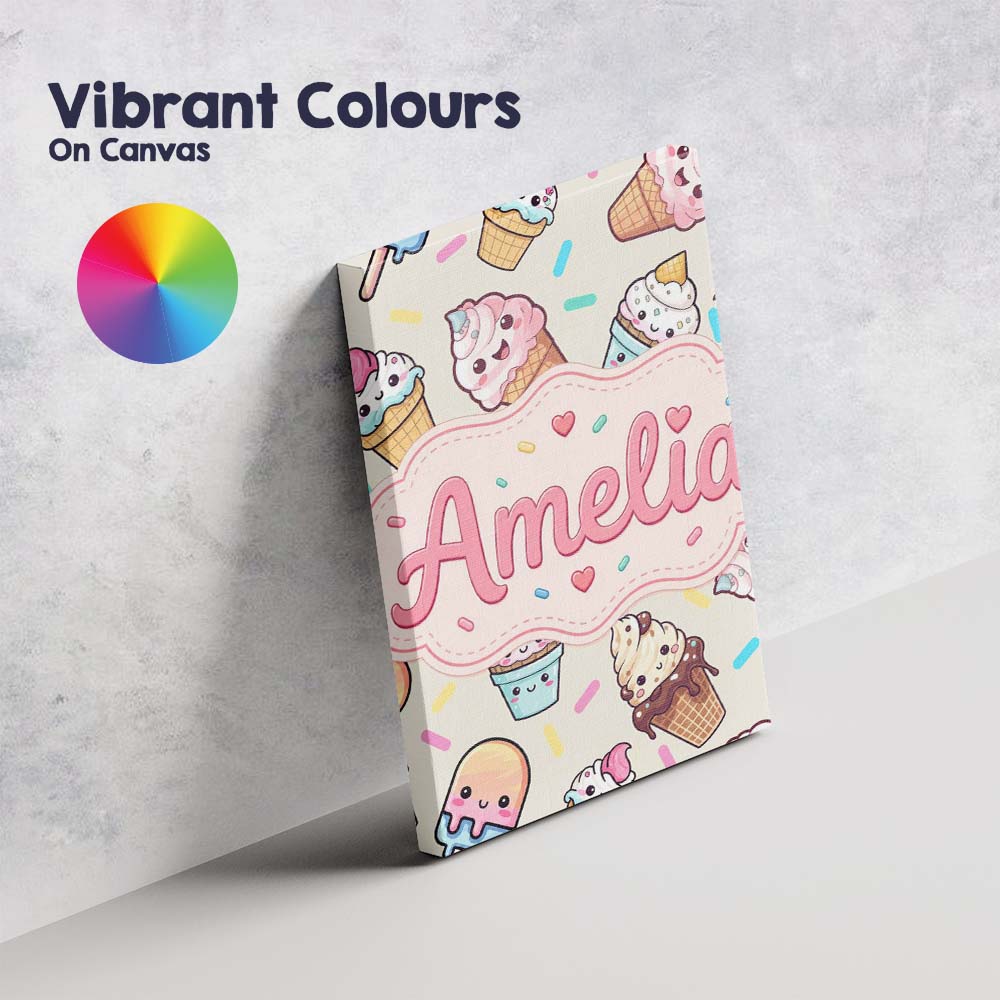 Personalised Name Cute Kawaii Ice Cream Custom  Modern Room Accent Elegant Feature Canvas Wall Art Print Decor Picture Ready to Hang