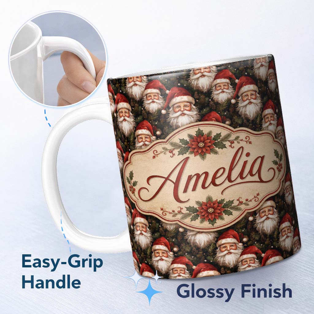 Personalized Custom Name Realistic Santa Faces Pine Cones Evergreen Forest Rich Festive 11oz Ceramic Coffee Tea Mug White Large Handle