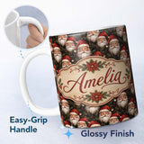 Personalized Custom Name Realistic Santa Faces Pine Cones Evergreen Forest Rich Festive 11oz Ceramic Coffee Tea Mug White Large Handle
