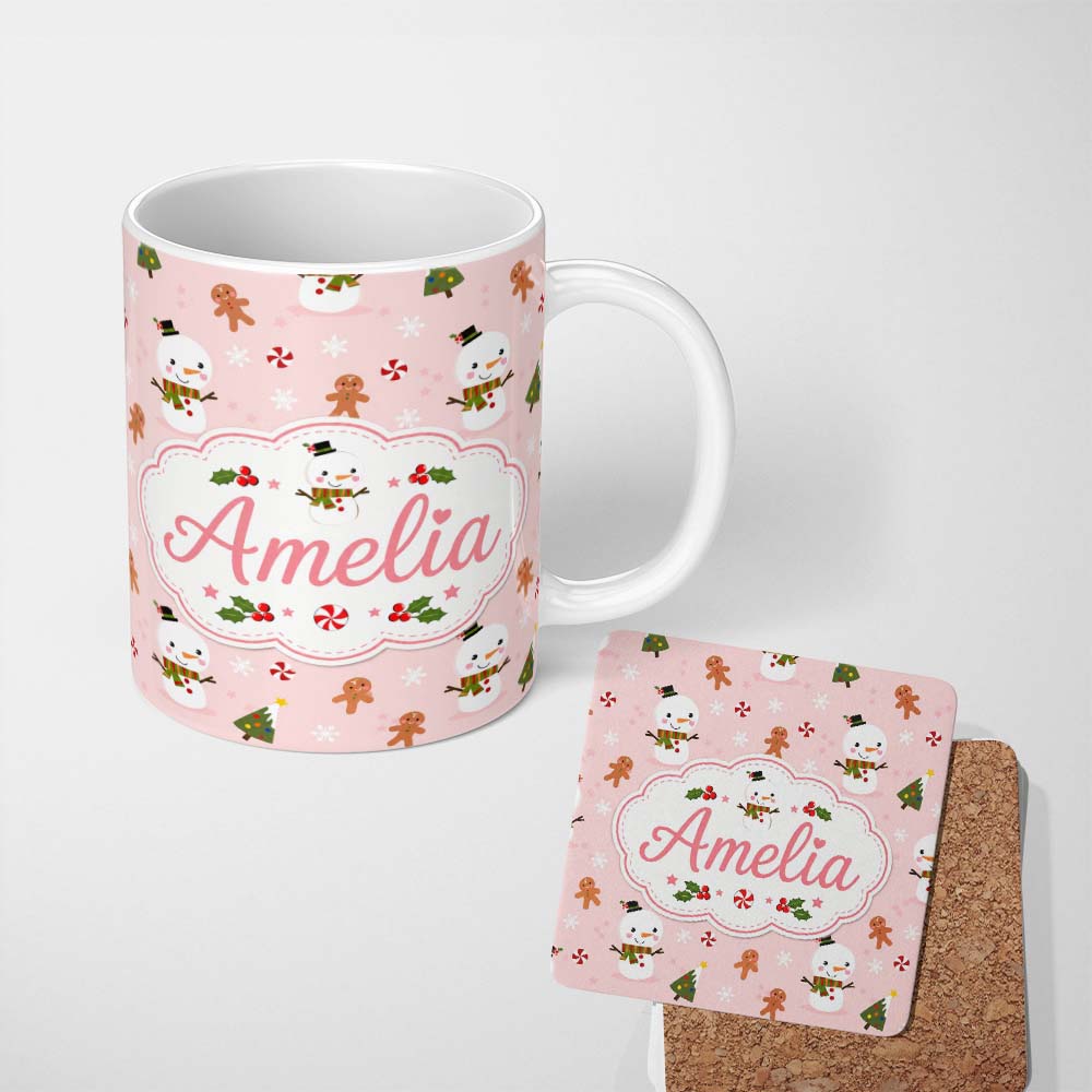 Personalized Custom Name Cute Snowman Gingerbread Candy Winter Seamless Pattern Lovely 11oz Ceramic Coffee Tea Mug White Large Handle