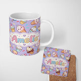 Personalized Custom Name Cute Kawaii Ice Cream Desserts on Purple Background Seamless 11oz Ceramic Coffee Tea Mug White Large Handle