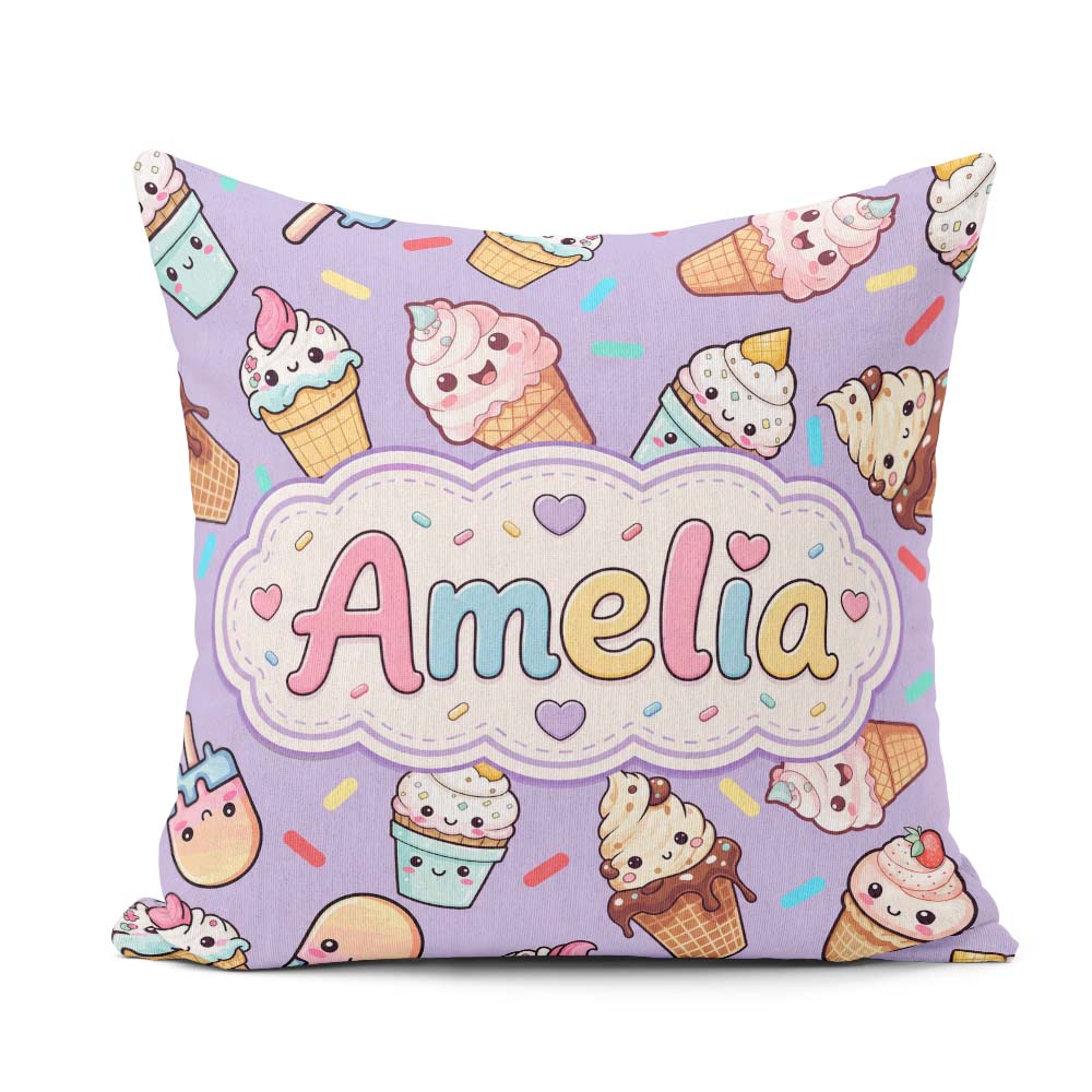 Custom Name Cute Kawaii Ice Cream Desserts on Purple Background Square Filled Cushion Throw Pillow Sofa Bed Home Decor Zip Washable UK Made