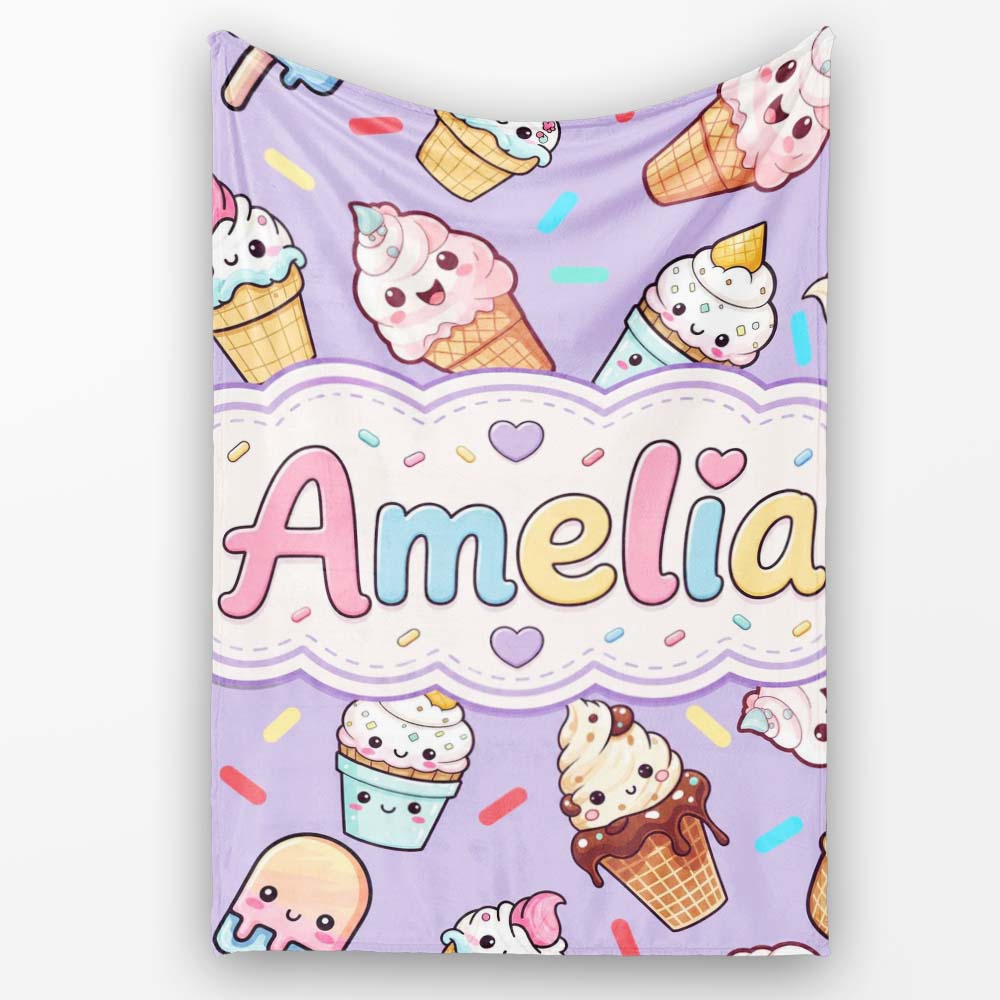 Cute Kawaii Ice Cream Desserts on Purple Background Seamless  Personalised Custom Name Super Soft Fleece Blanket Bed Sofa Throw