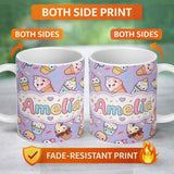 Personalized Custom Name Cute Kawaii Ice Cream Desserts on Purple Background Seamless 11oz Ceramic Coffee Tea Mug White Large Handle