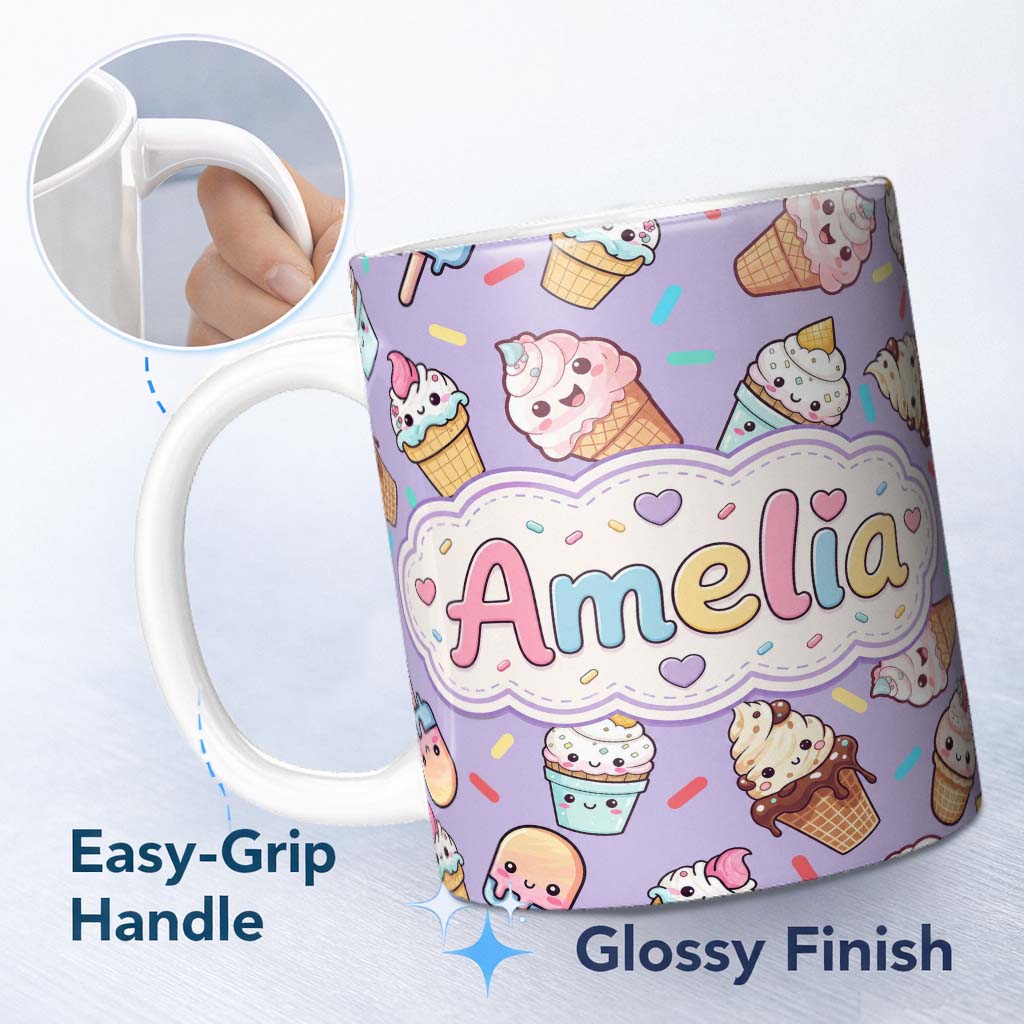 Personalized Custom Name Cute Kawaii Ice Cream Desserts on Purple Background Seamless 11oz Ceramic Coffee Tea Mug White Large Handle