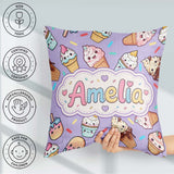Custom Name Cute Kawaii Ice Cream Desserts on Purple Background Square Filled Cushion Throw Pillow Sofa Bed Home Decor Zip Washable UK Made