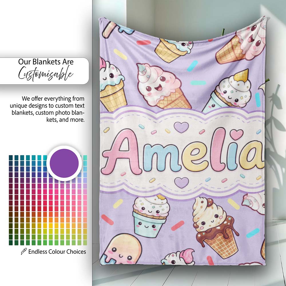 Cute Kawaii Ice Cream Desserts on Purple Background Seamless  Personalised Custom Name Super Soft Fleece Blanket Bed Sofa Throw