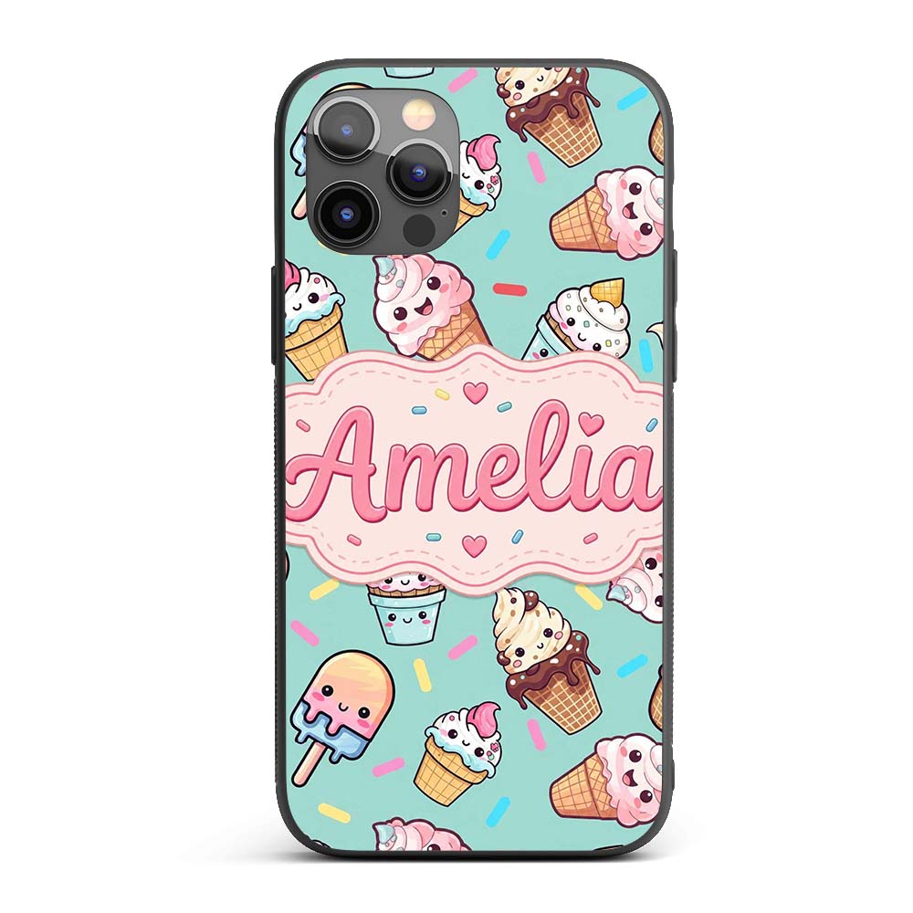Cute Kawaii Ice Cream Desserts on Mint Background Custom Name Protective Phone Case Mobile Cover Durable Everyday Smartphone Shock Resistant