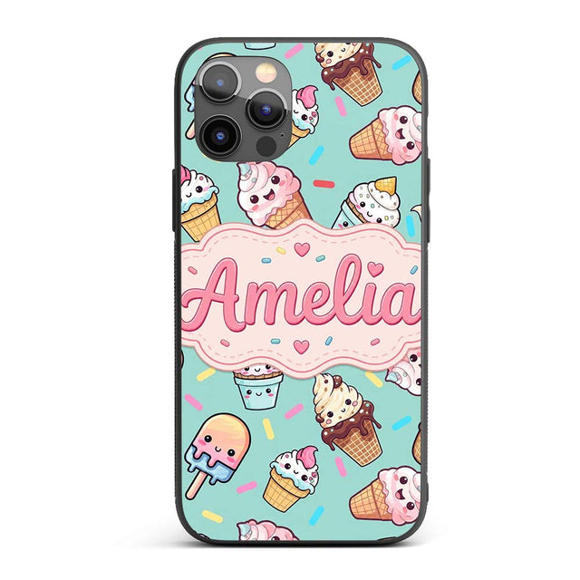 Cute Kawaii Ice Cream Desserts on Mint Background Custom Name Protective Phone Case Mobile Cover Durable Everyday Smartphone Shock Resistant