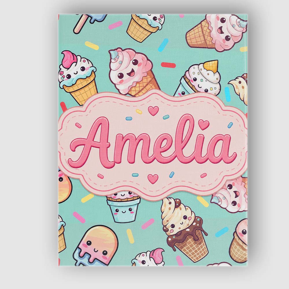Personalised Name Cute Kawaii Ice Cream Custom  Modern Room Accent Elegant Feature Canvas Wall Art Print Decor Picture Ready to Hang