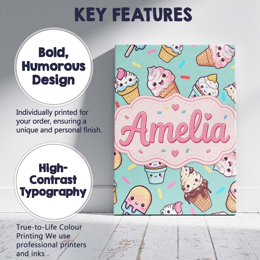 Personalised Name Cute Kawaii Ice Cream Custom  Modern Room Accent Elegant Feature Canvas Wall Art Print Decor Picture Ready to Hang
