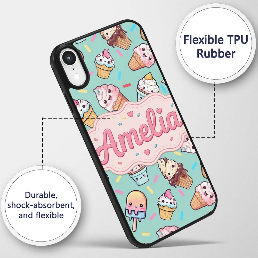 Cute Kawaii Ice Cream Desserts on Mint Background Custom Name Protective Phone Case Mobile Cover Durable Everyday Smartphone Shock Resistant